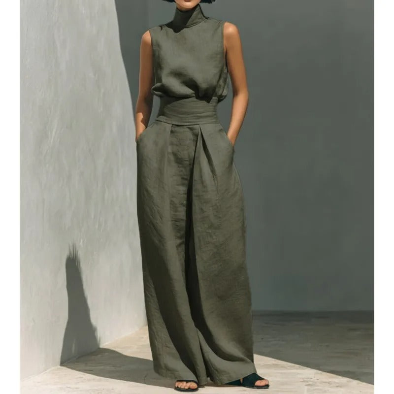 COMPLETO DI CANOTTA E PANTALONI LARGHI IN COTONE E LINO MINIMALISTA PER DONNA
