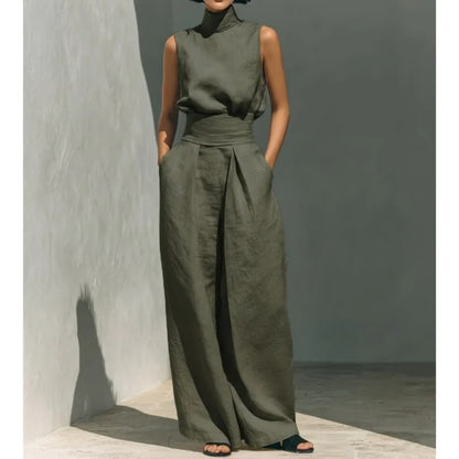 COMPLETO DI CANOTTA E PANTALONI LARGHI IN COTONE E LINO MINIMALISTA PER DONNA