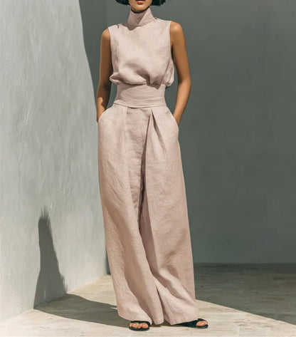 COMPLETO DI CANOTTA E PANTALONI LARGHI IN COTONE E LINO MINIMALISTA PER DONNA