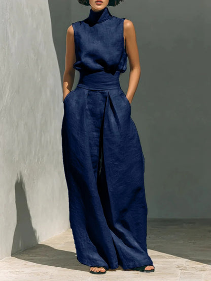 COMPLETO DI CANOTTA E PANTALONI LARGHI IN COTONE E LINO MINIMALISTA PER DONNA