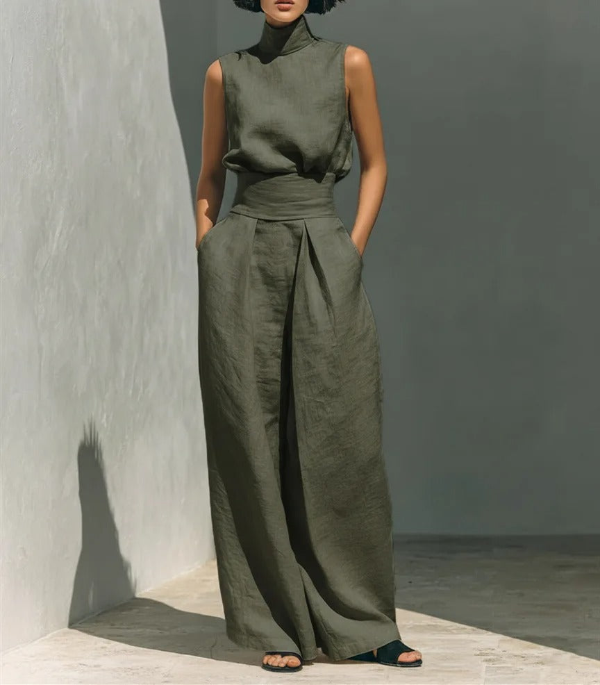 COMPLETO DI CANOTTA E PANTALONI LARGHI IN COTONE E LINO MINIMALISTA PER DONNA