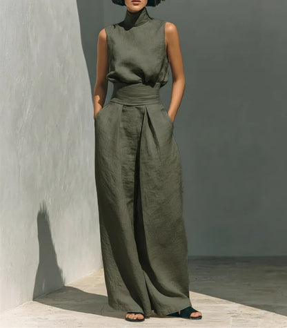 COMPLETO DI CANOTTA E PANTALONI LARGHI IN COTONE E LINO MINIMALISTA PER DONNA