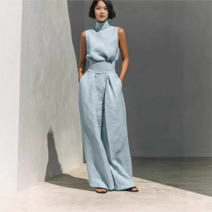 COMPLETO DI CANOTTA E PANTALONI LARGHI IN COTONE E LINO MINIMALISTA PER DONNA