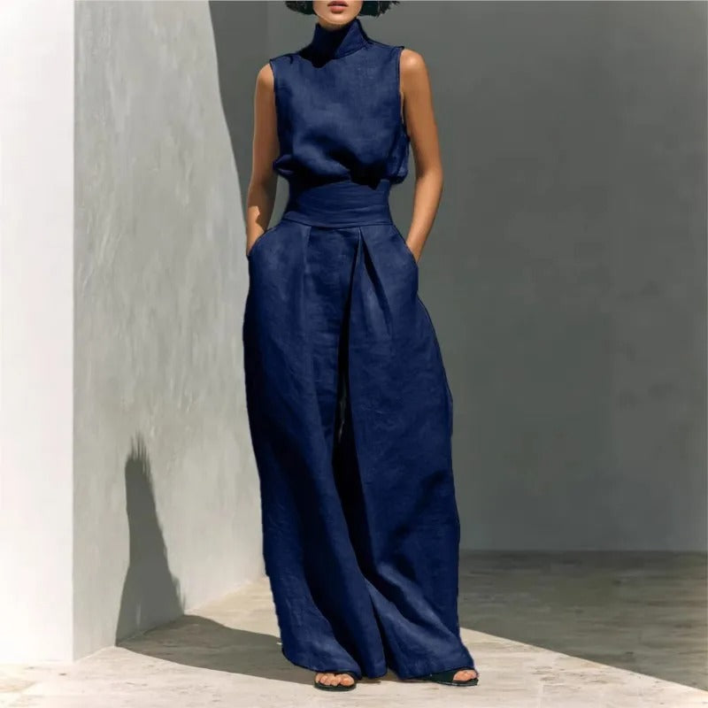 COMPLETO DI CANOTTA E PANTALONI LARGHI IN COTONE E LINO MINIMALISTA PER DONNA