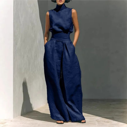 COMPLETO DI CANOTTA E PANTALONI LARGHI IN COTONE E LINO MINIMALISTA PER DONNA