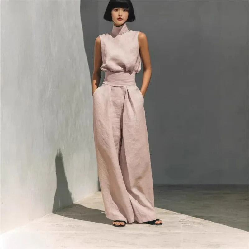 COMPLETO DI CANOTTA E PANTALONI LARGHI IN COTONE E LINO MINIMALISTA PER DONNA