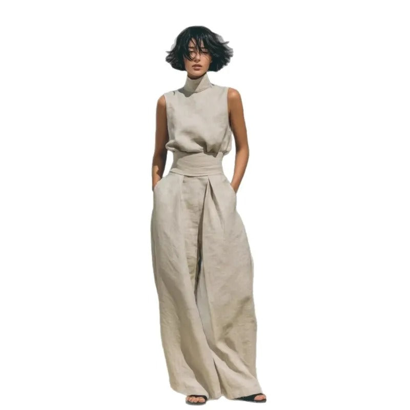 COMPLETO DI CANOTTA E PANTALONI LARGHI IN COTONE E LINO MINIMALISTA PER DONNA