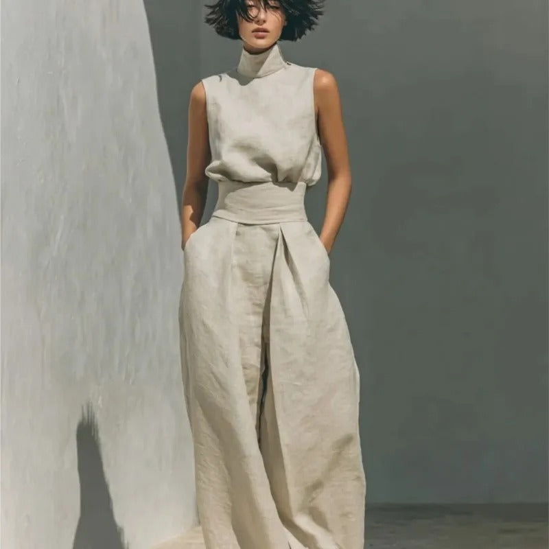 COMPLETO DI CANOTTA E PANTALONI LARGHI IN COTONE E LINO MINIMALISTA PER DONNA