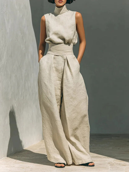 COMPLETO DI CANOTTA E PANTALONI LARGHI IN COTONE E LINO MINIMALISTA PER DONNA