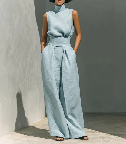 COMPLETO DI CANOTTA E PANTALONI LARGHI IN COTONE E LINO MINIMALISTA PER DONNA