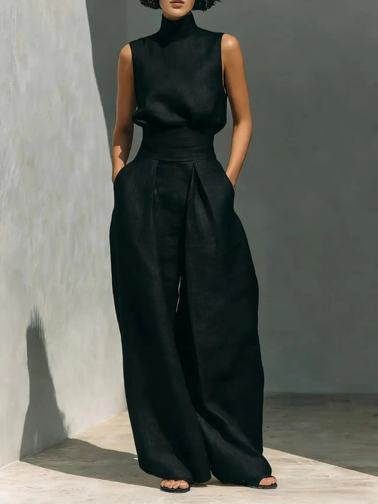 COMPLETO DI CANOTTA E PANTALONI LARGHI IN COTONE E LINO MINIMALISTA PER DONNA